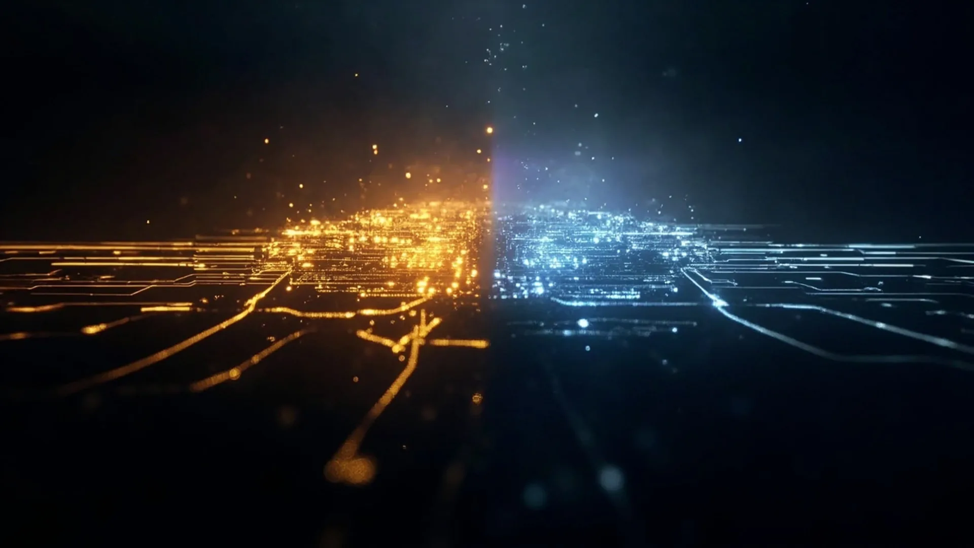 Abstract visualization of NPU architecture and AI computational throughput, comparing the neural processing capabilities of Snapdragon X Elite and Apple M4.