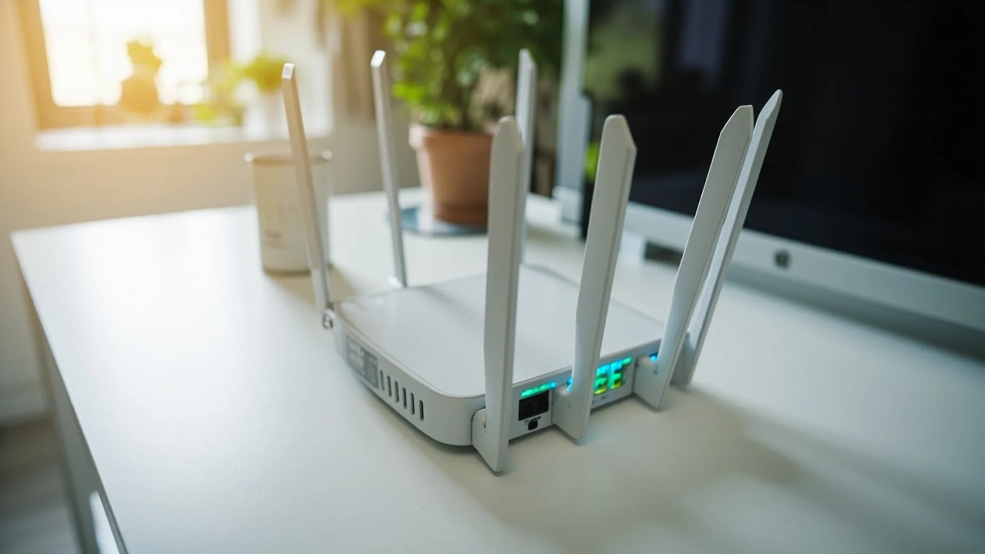 Optimal Wi-Fi 7 router placement in a modern home environment demonstrating elevation and central positioning for maximum coverage.
