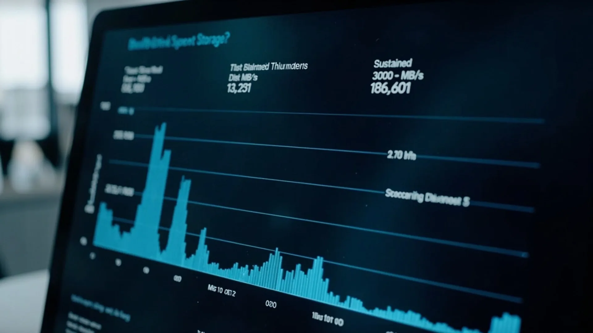 Storage benchmark visualization demonstrating sustained high-speed transfers achievable with Thunderbolt 5 connections
