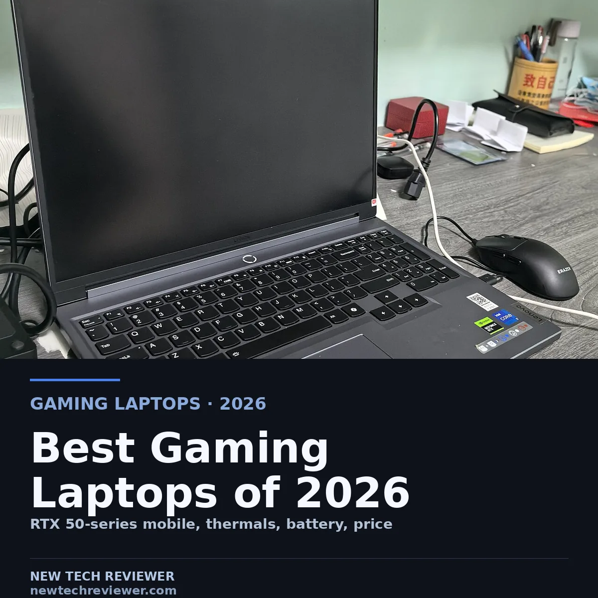 Lenovo Legion Y7000P, representative of the 2026 gaming laptop field; the editorial title overlay announces the comparison article.