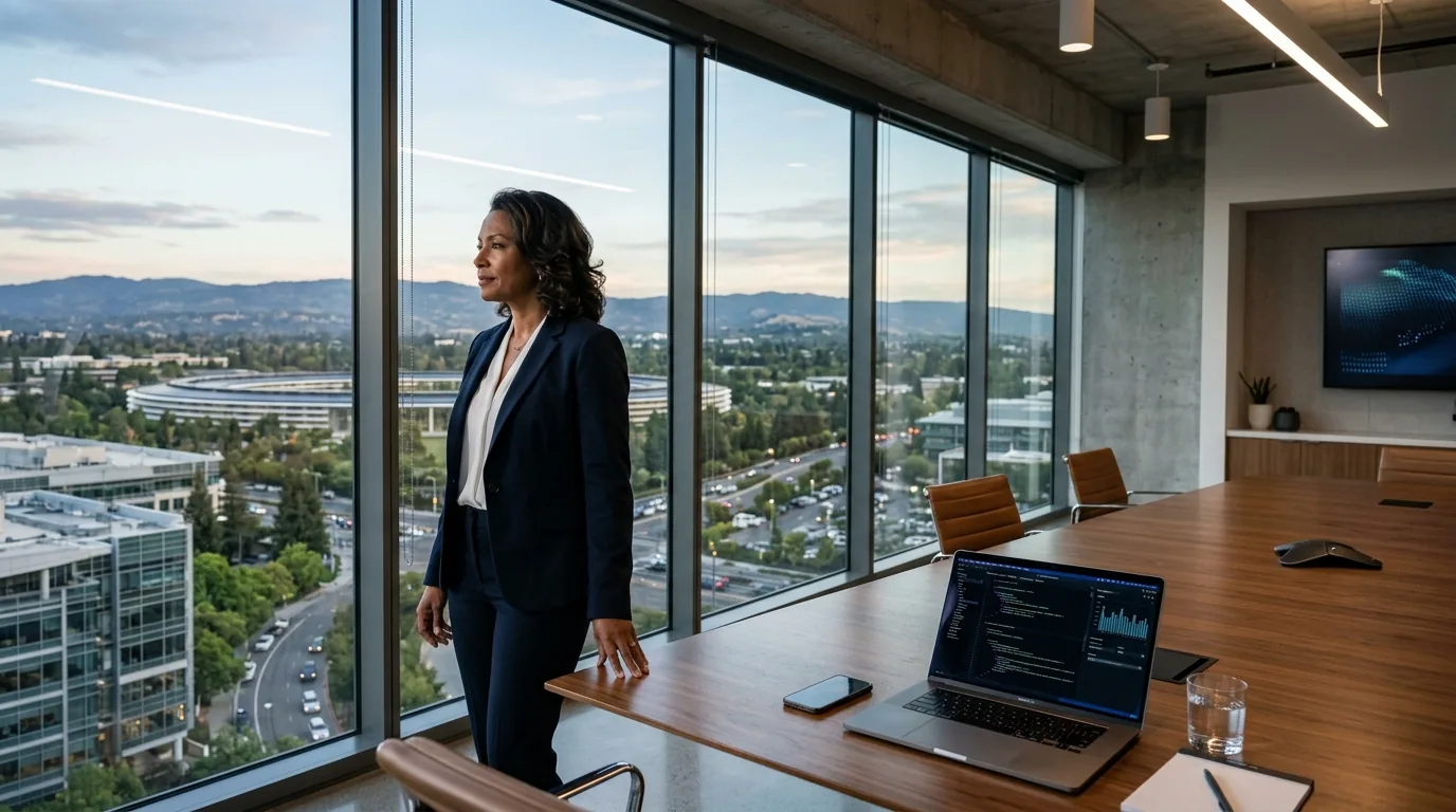Corporate technology executive standing in a high-rise glass conference room overlooking a Silicon Valley technology campus