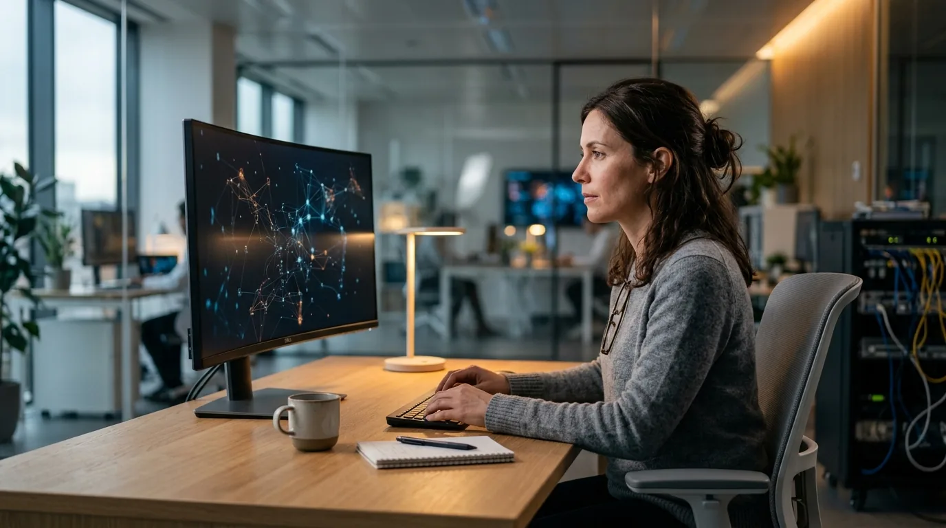 An artificial intelligence research scientist sitting at a wooden desk evaluating complex neural network nodes on a monitor