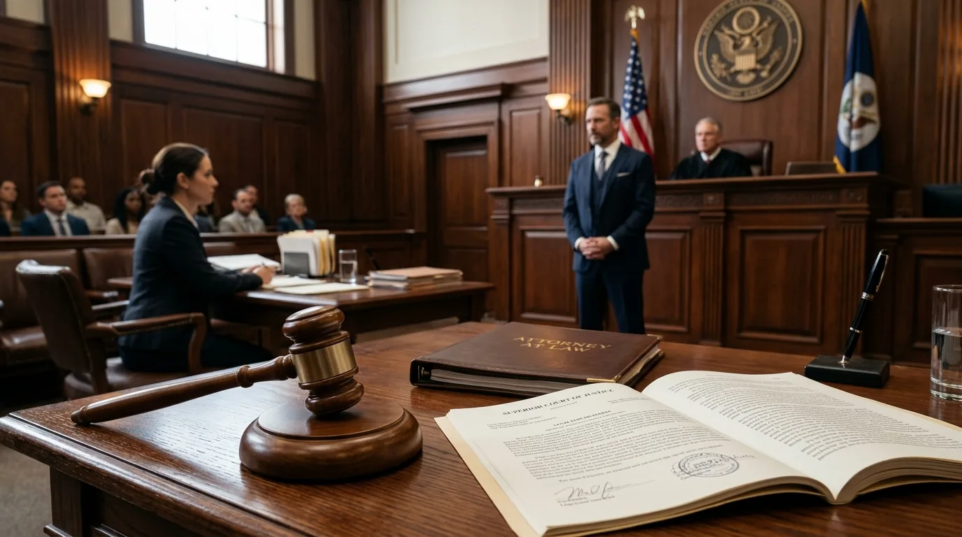 Wooden judge's gavel and open legal briefs in a federal courtroom with counsel standing before the bench