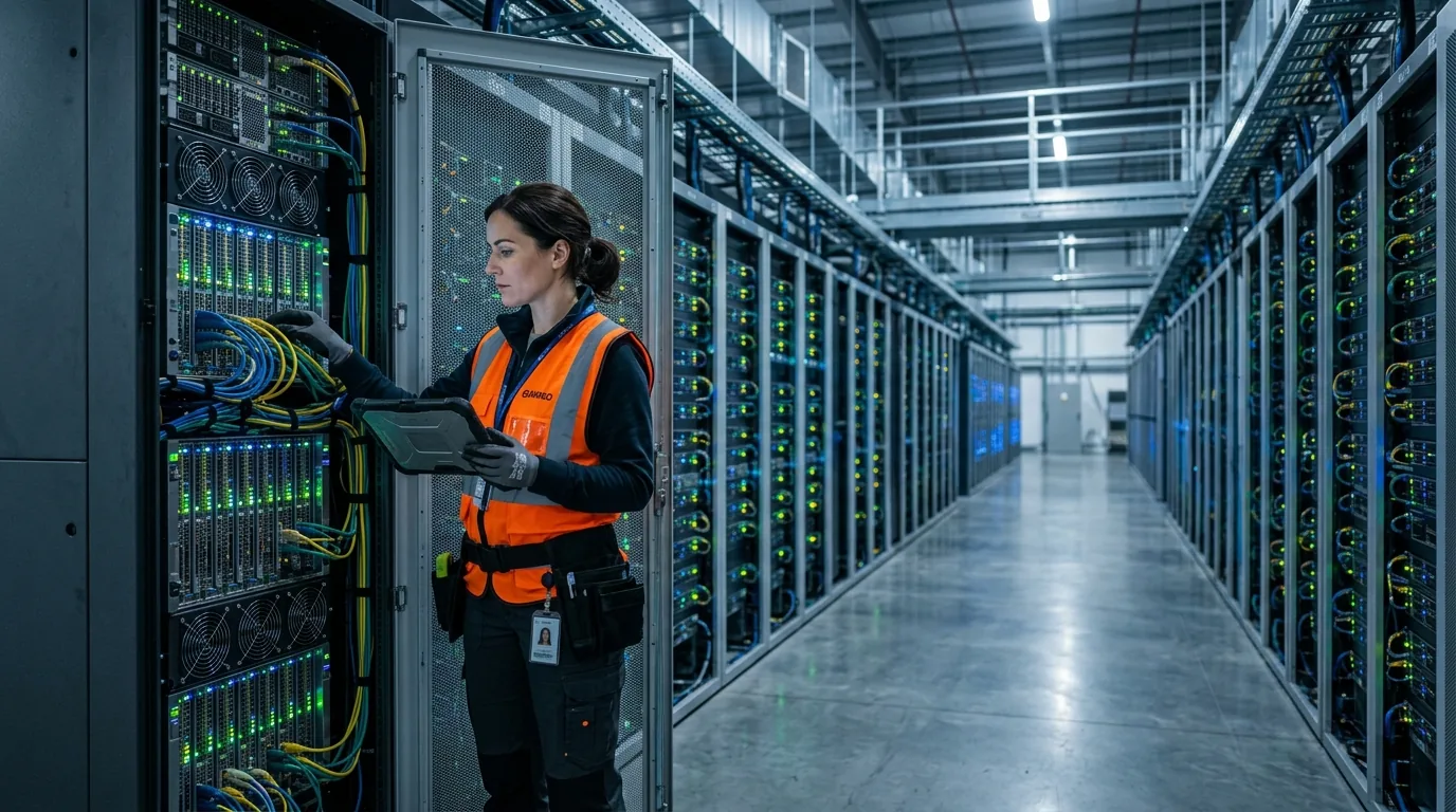 Systems engineer in safety vest inspecting modular server cabinets inside a massive artificial intelligence data center