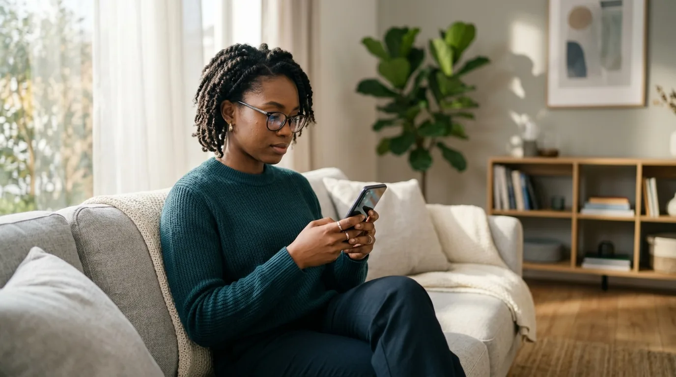 iPhone user holding smartphone in modern living room checking settlement notification