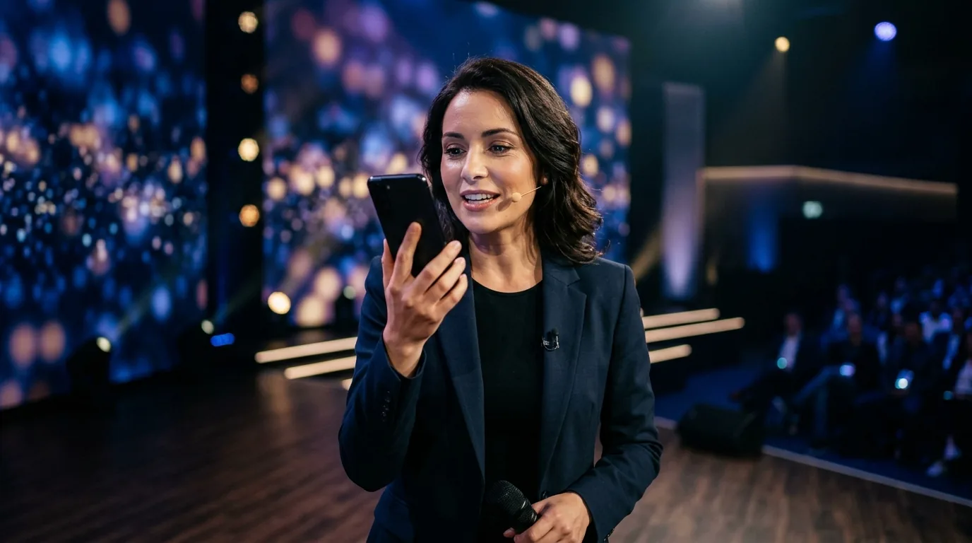 Tech presenter on keynote stage demonstrating voice assistant features on smartphone