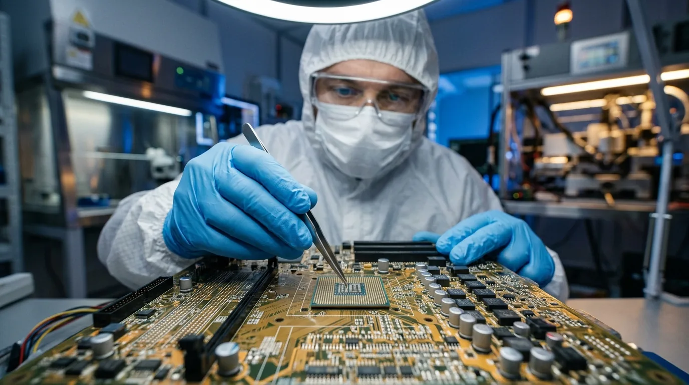Cleanroom hardware engineer examining mobile silicon processor architecture with precision tools