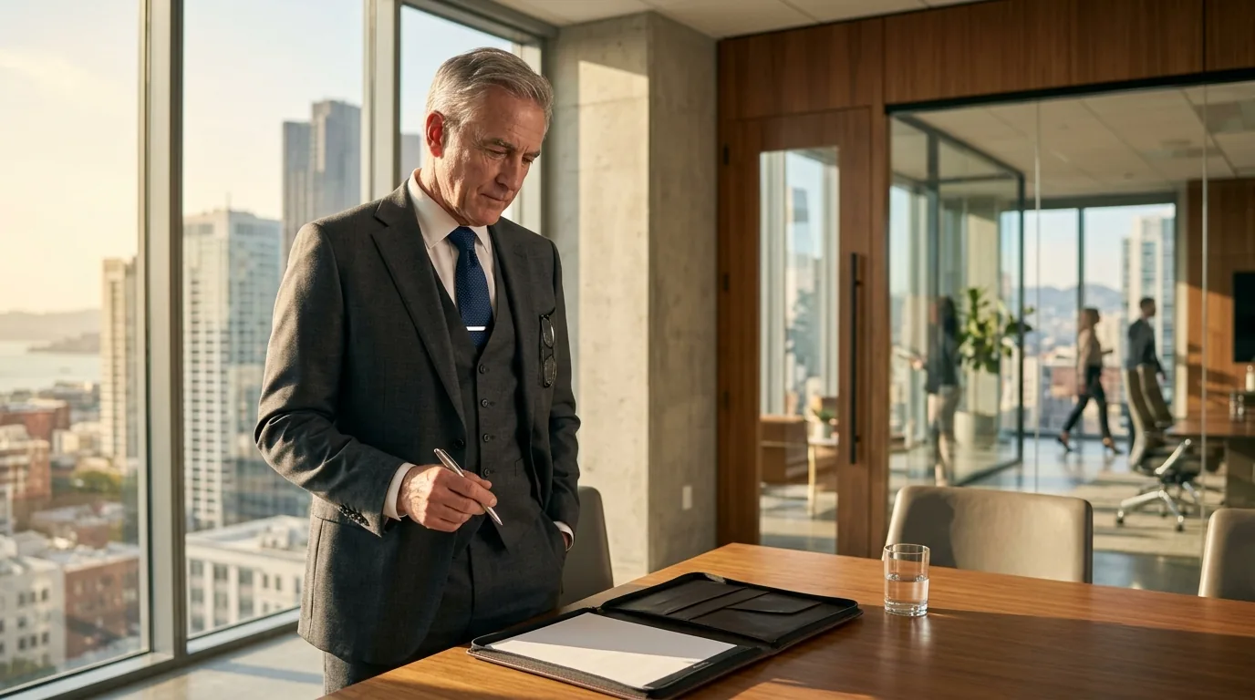 Semiconductor industry executive reviewing corporate acquisition documents in a modern office