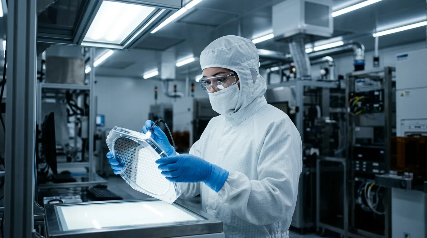 Cleanroom technician in protective suit inspecting silicon wafer under cleanroom lighting