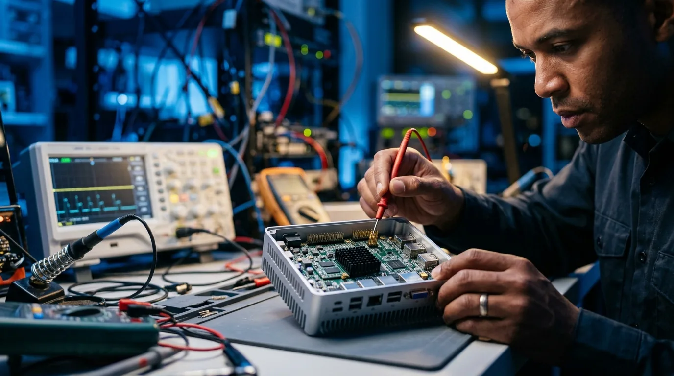 Hardware engineer testing fanless embedded edge computing unit on R&D laboratory workbench