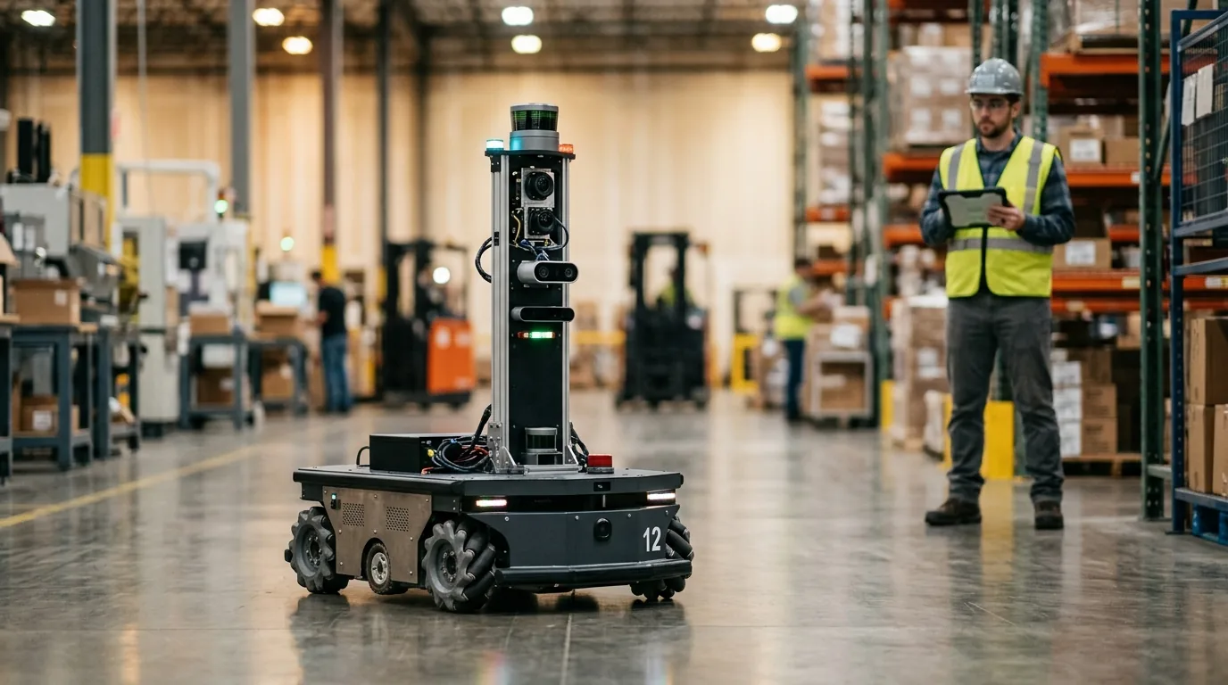 Autonomous mobile robot with optical vision sensors navigating high-tech industrial logistics warehouse