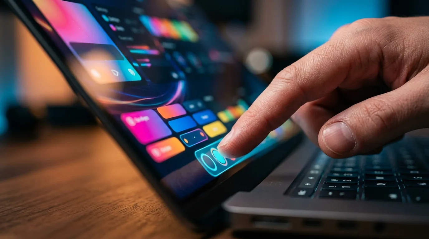 Close-up of user interacting with an interactive dynamic AI widget on an OLED laptop touchscreen