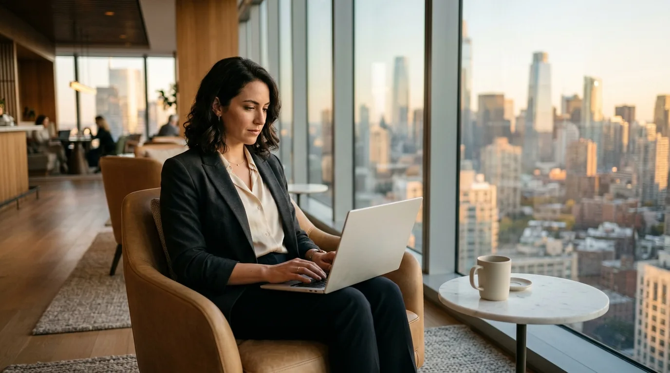 Corporate professional working comfortably on a slim laptop overlooking a modern city skyline