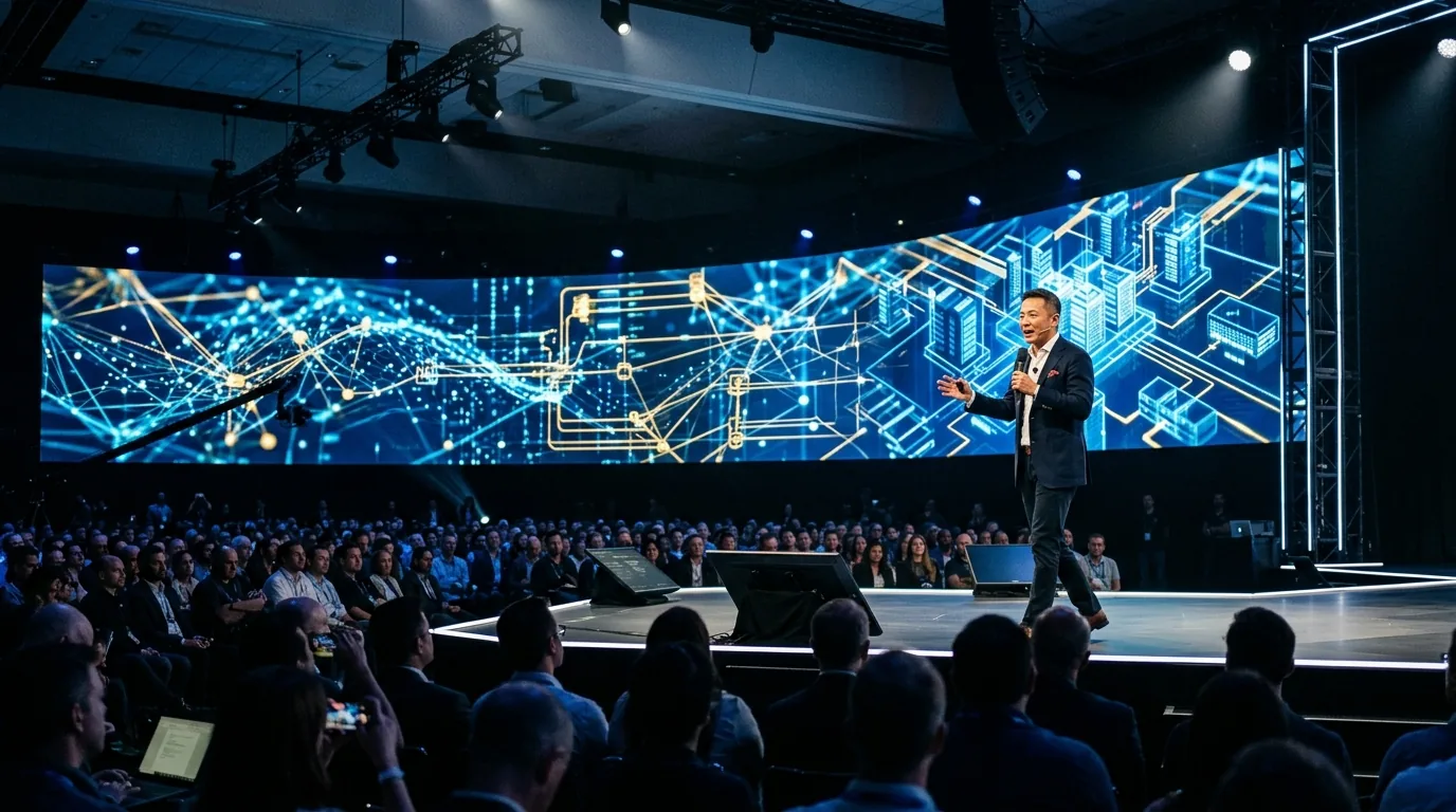 Alibaba executive delivering keynote address on massive stage with glowing AI data center topology visualizations