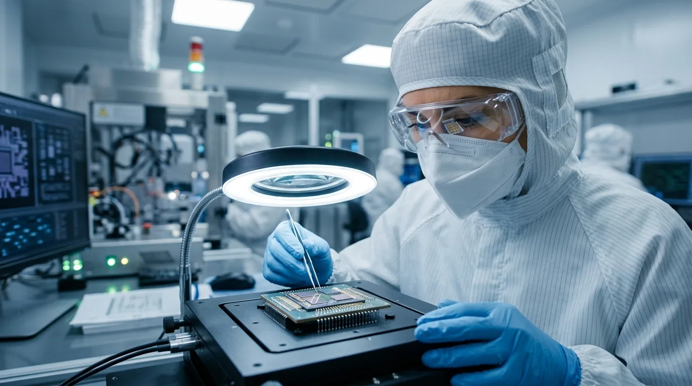 Semiconductor packaging cleanroom engineer inspecting advanced multi-die interposer chiplet package under microscope