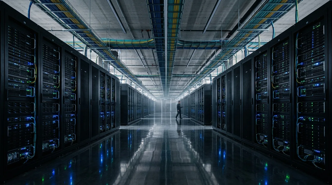 Vast hyperscale AI data center corridor with endless rows of liquid-cooled server racks and blue fiber-optic cable management