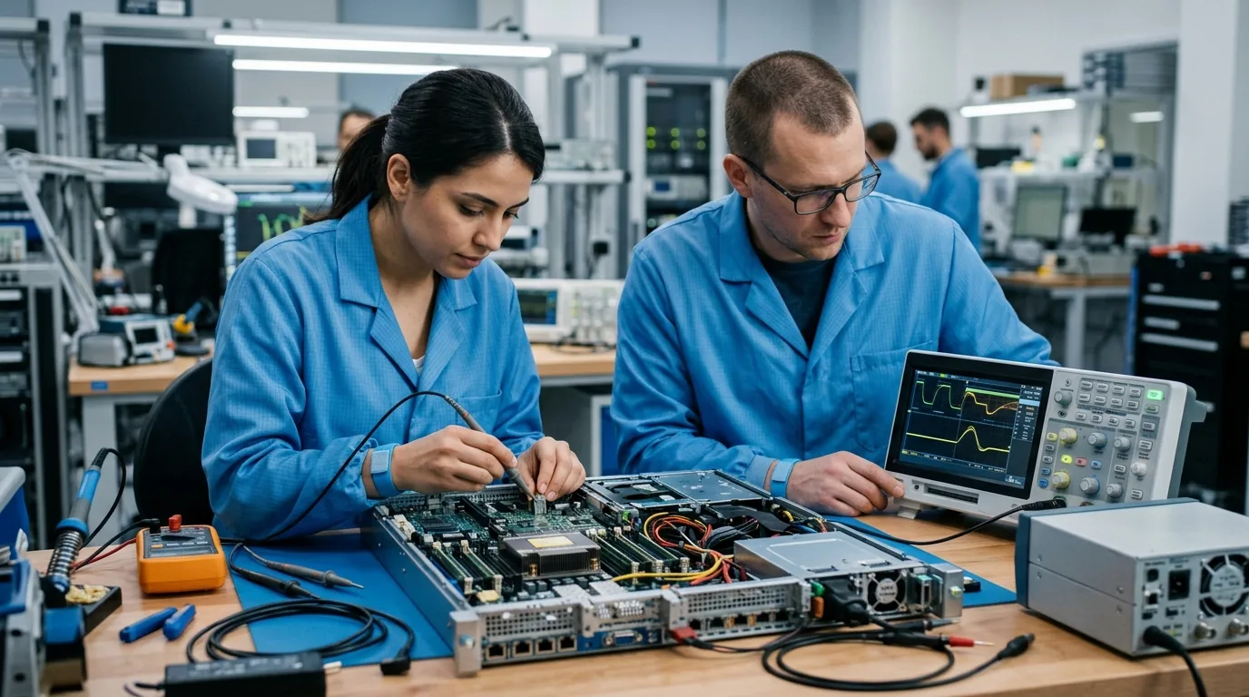 Hardware systems engineers collaborating over open server blade in diagnostic testing laboratory