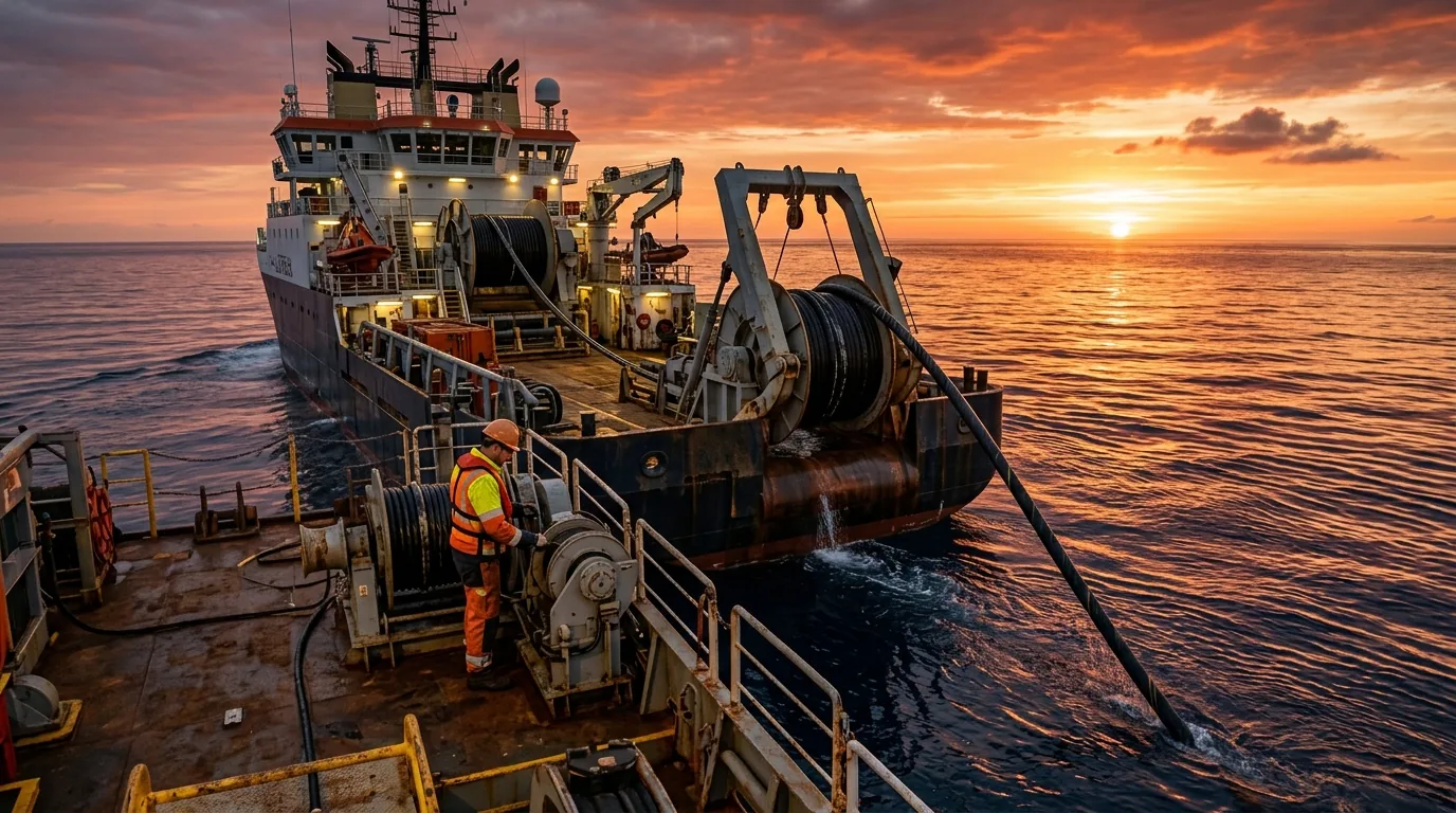 Specialized subsea cable installation vessel deploying heavy armored optical line into ocean waters at sunset