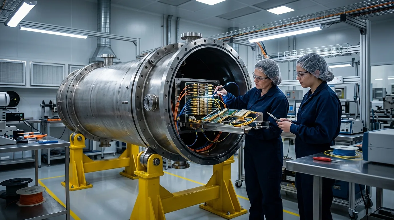 Telecommunications engineers inspecting internal optical amplifier circuits inside a cylindrical titanium subsea repeater vessel