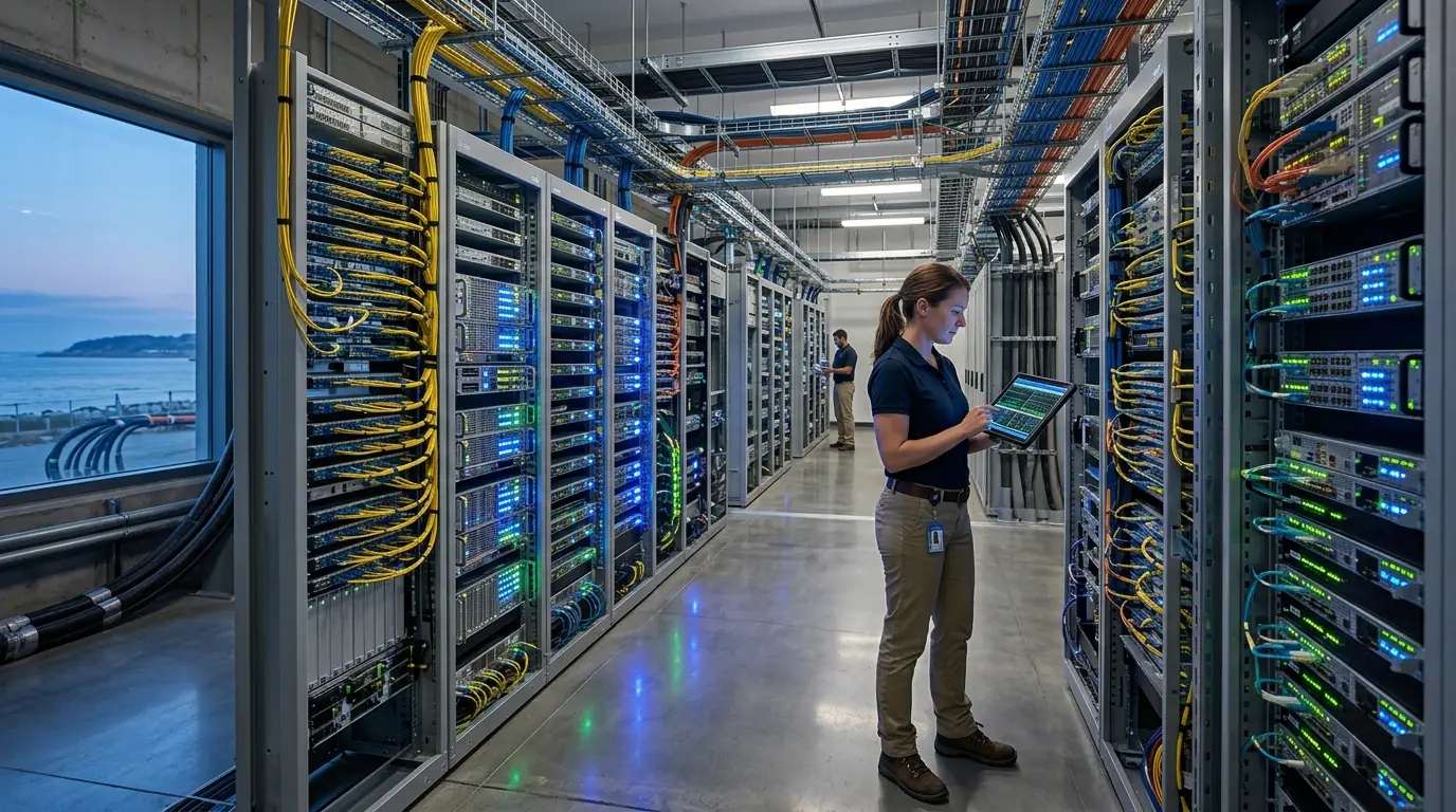 Coastal cable landing facility with rows of optical transponder server racks and incoming subsea conduits