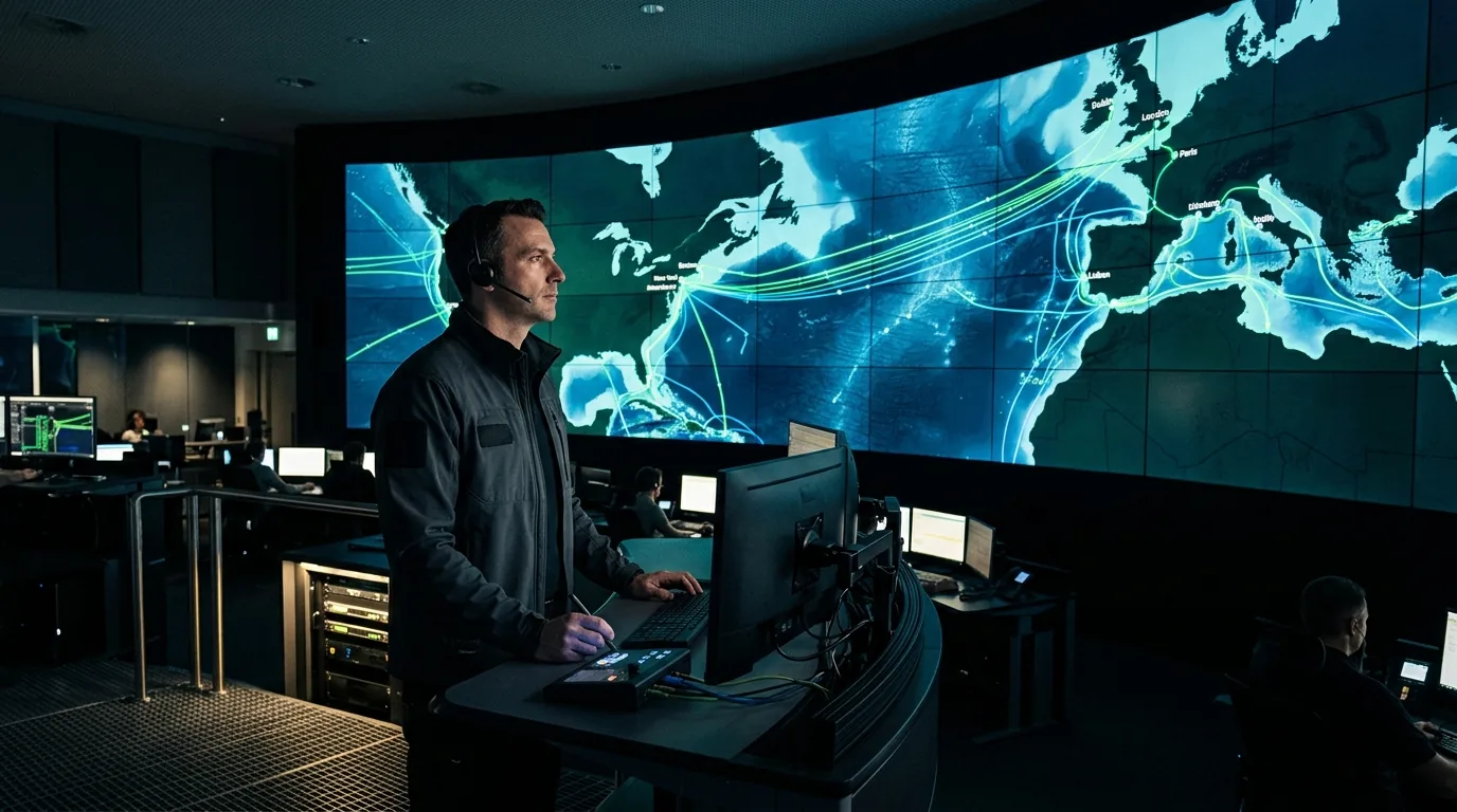 Telecommunications network operations specialist monitoring illuminated transatlantic fiber routes on large curved displays