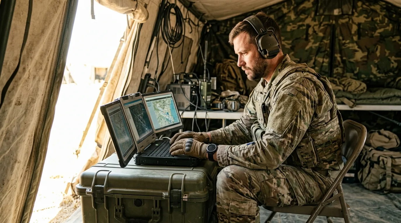 Military tactical communications specialist typing on triple-screen rugged laptop inside an operations command tent