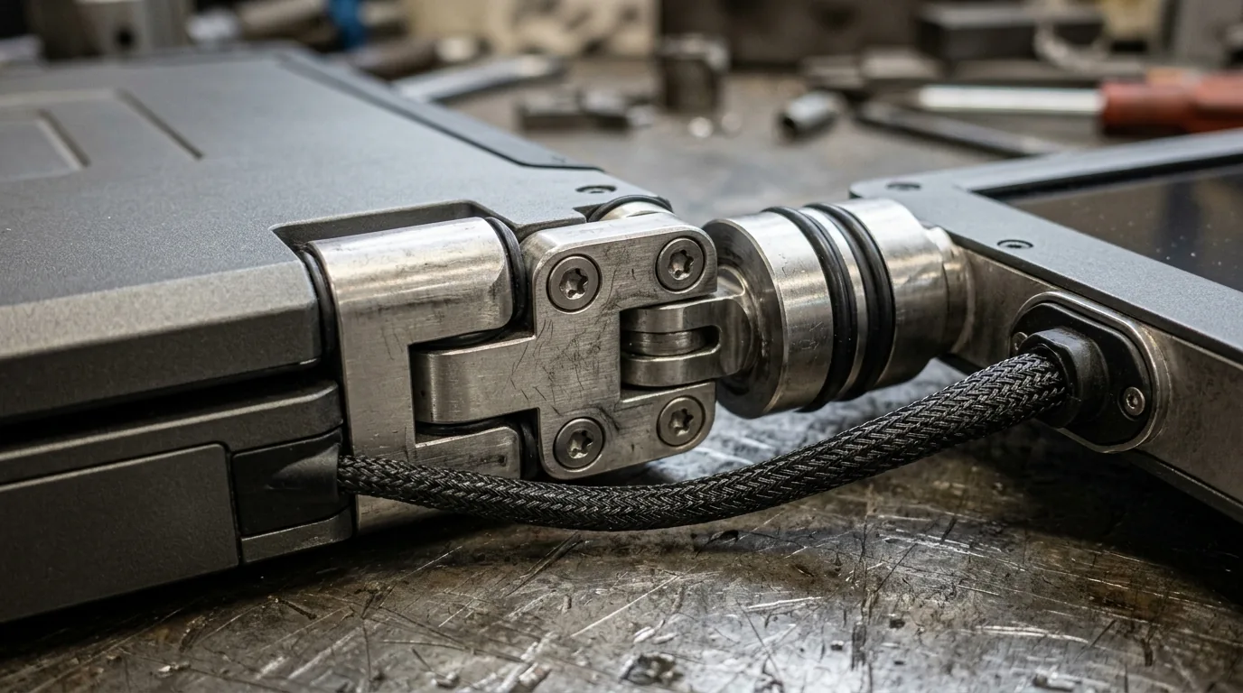 Macro detail of stainless steel friction hinge connecting rugged laptop chassis to folding wing side monitor