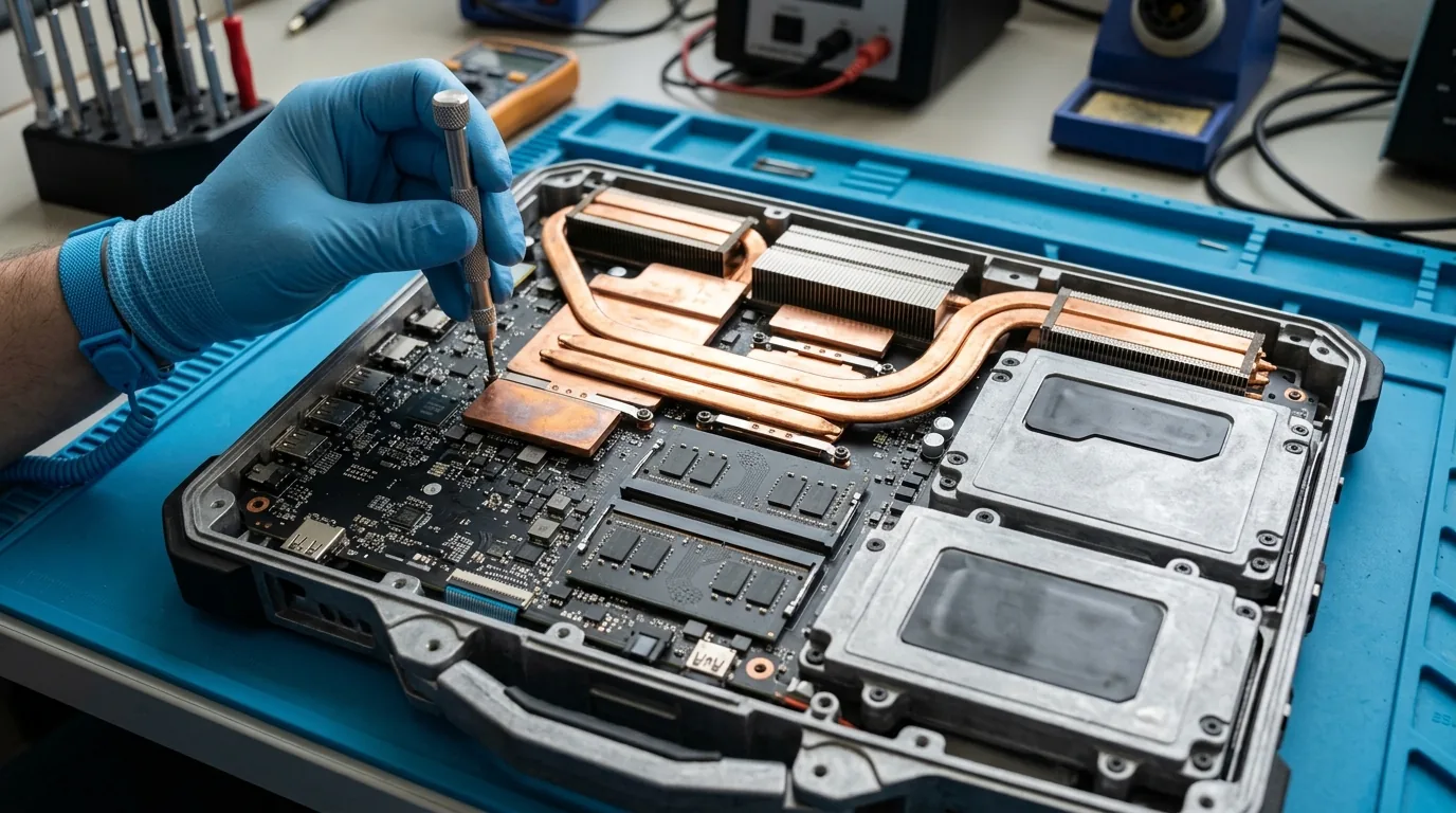 Open rugged laptop motherboard with thick copper heat pipes and dual vapor chamber coolers over CPU and GPU