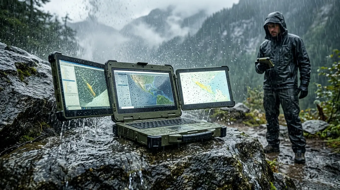 Durabook rugged laptop with triple screens operating reliably during outdoor torrential rain and water spray testing