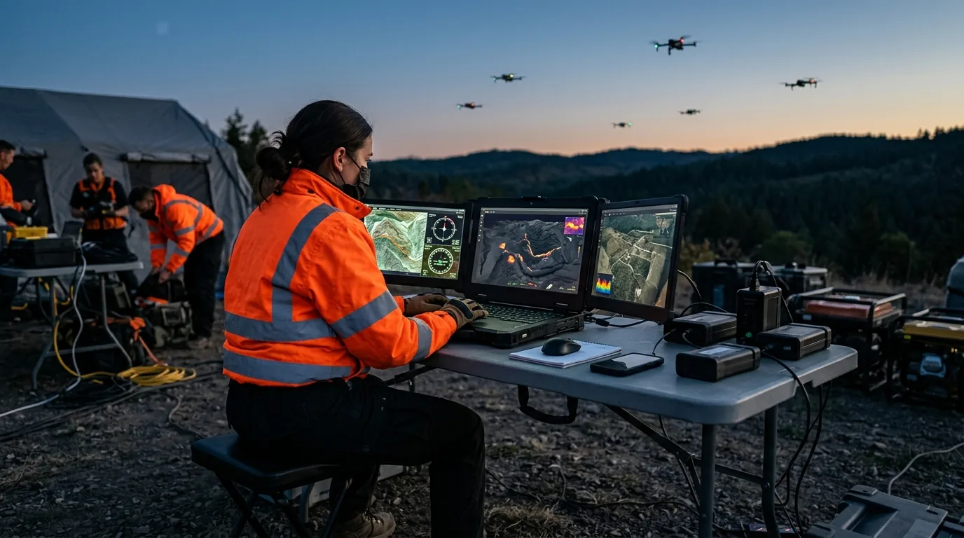 Emergency disaster response coordinator monitoring aerial search drones on triple-screen rugged laptop at dusk