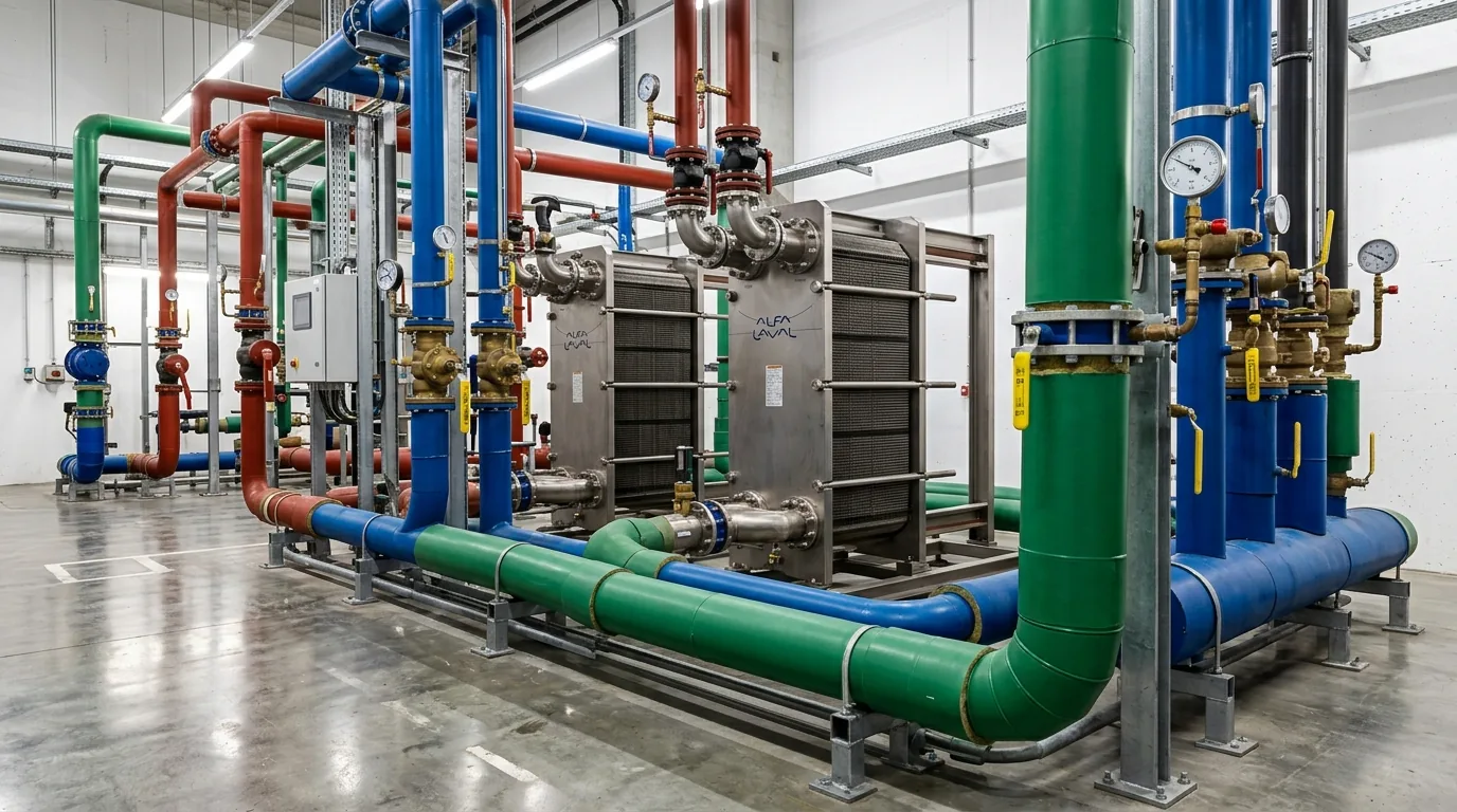 Cleanroom industrial heat exchangers and insulated pipeline manifolds transferring data center thermal energy