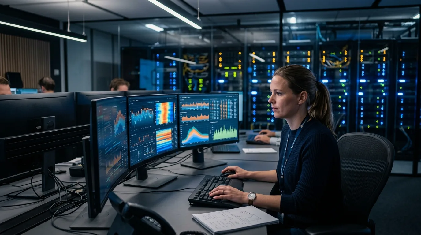 European female systems infrastructure engineer monitoring data center telemetry across curved control monitors