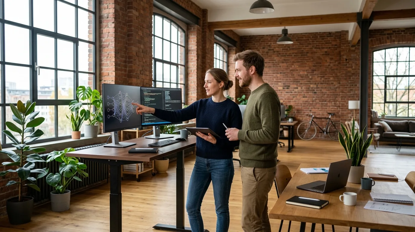 Two technology researchers discussing neural network optimization workflows in a renovated industrial workspace