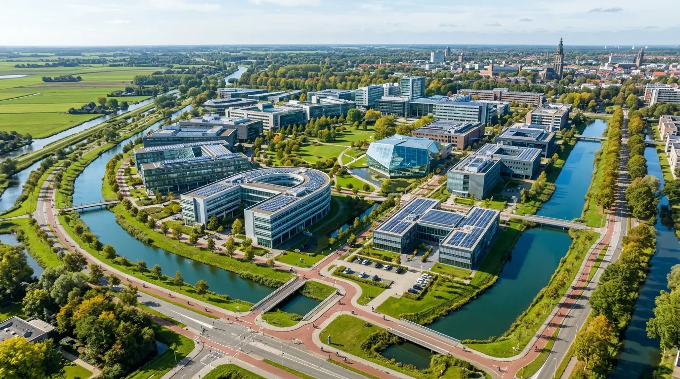 Aerial perspective of the modern Zernike science campus in Groningen showing university research buildings and canals