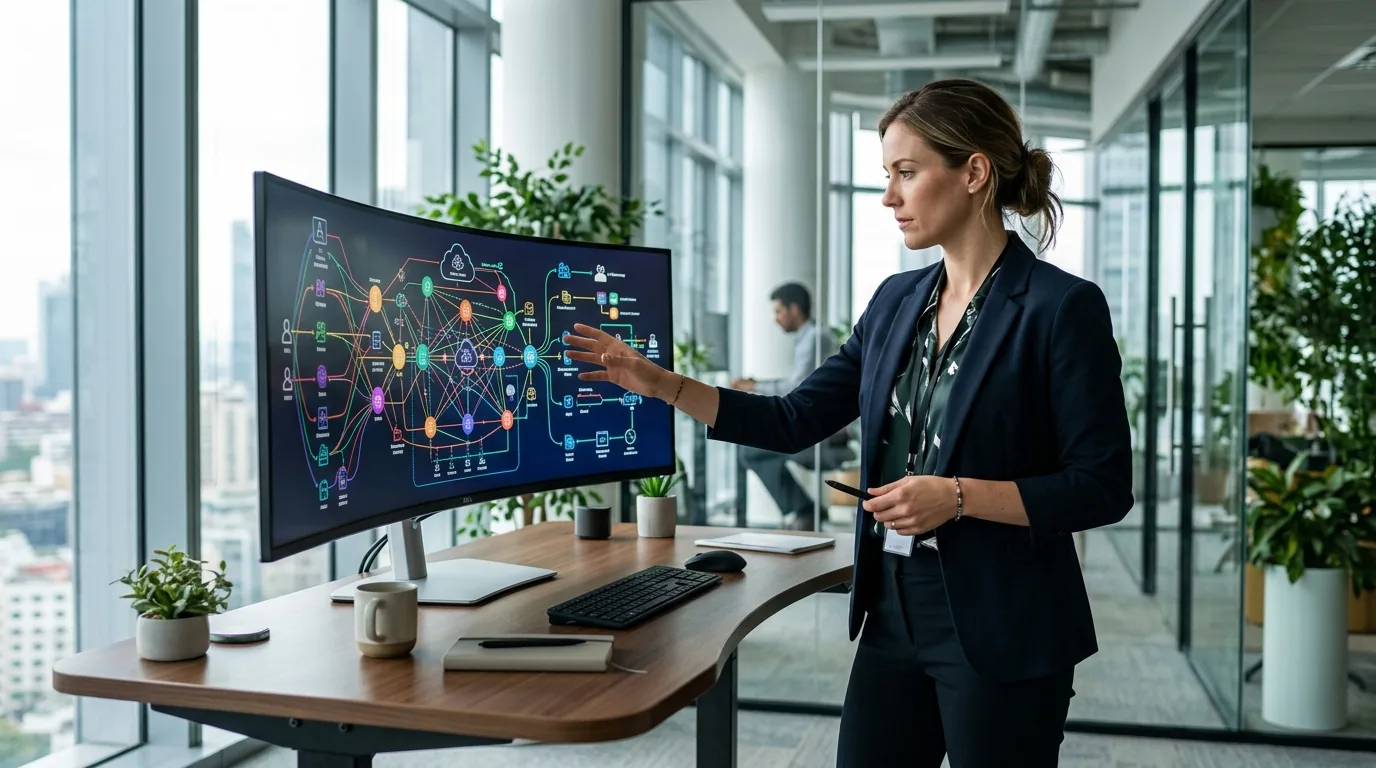 Cybersecurity architect evaluating complex non-human identity relationship trees on a wide display