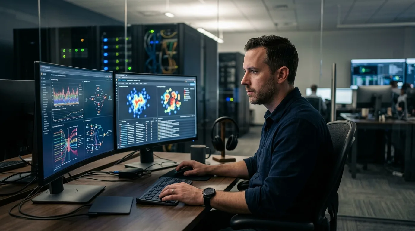 Security operations analyst monitoring real-time agent telemetry and anomaly detection graphs