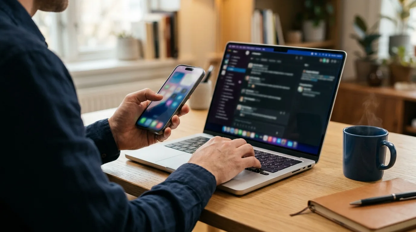 User handling mobile phone and laptop simultaneously illustrating the screen switching friction of modern devices