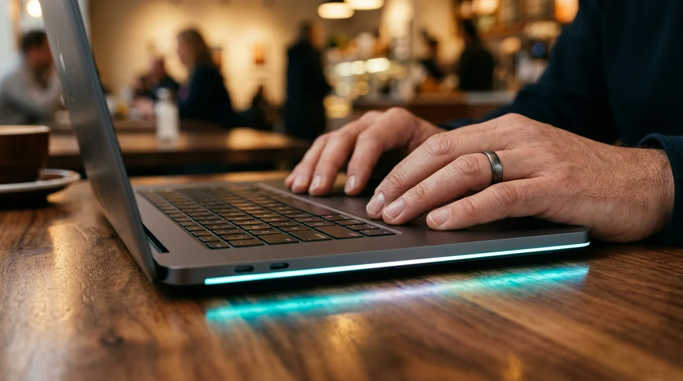Hands resting near an ambient glowing status edge on a clean wooden desk setup