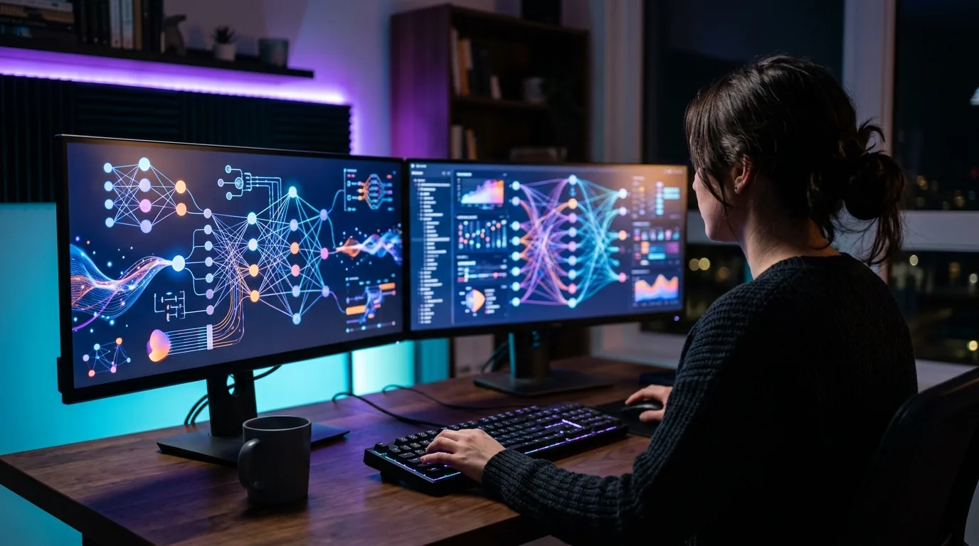 Software engineer developing high-performance computation pipelines across dual high-resolution displays