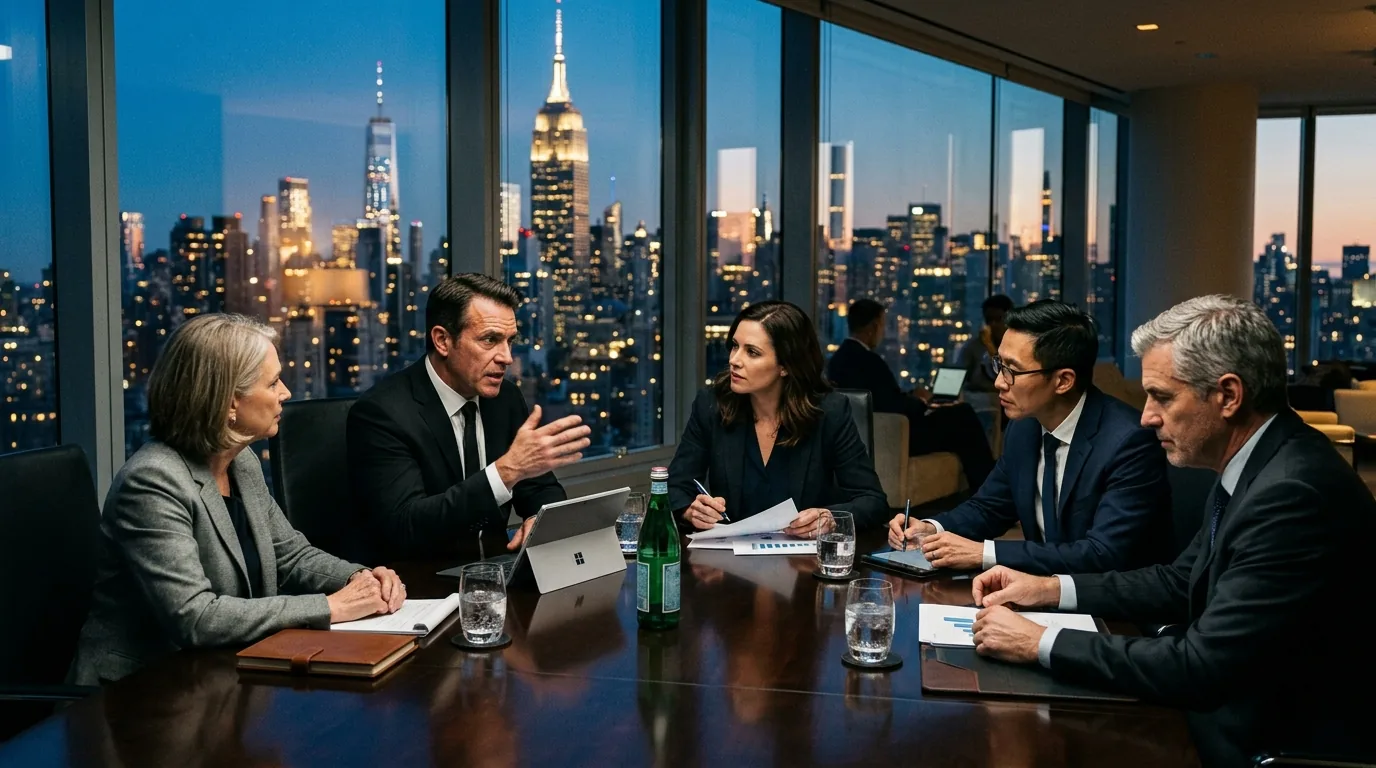 Corporate executive board assessing enterprise data lakehouse consolidation governance and acquisitions