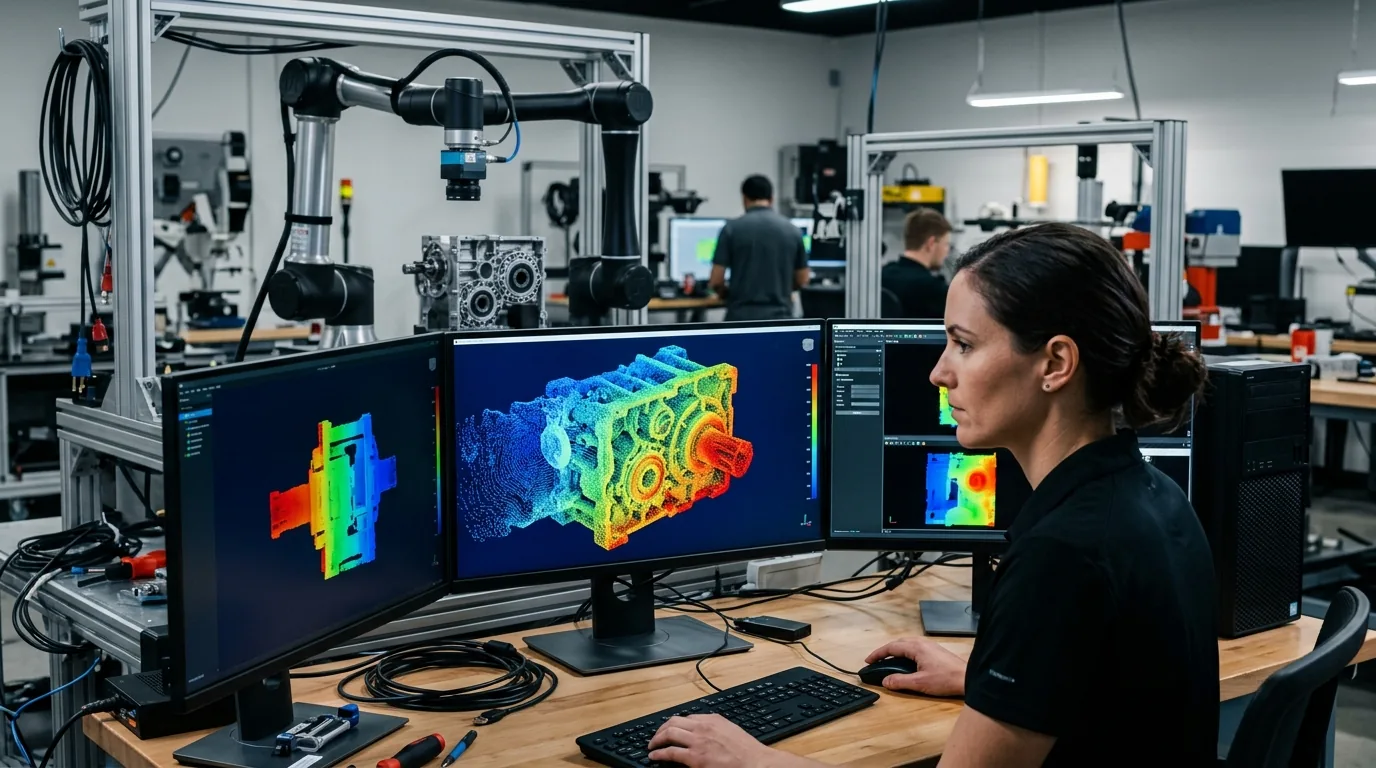 Spatial depth visualization lab rendering dynamic point clouds and geometric meshes from camera feeds