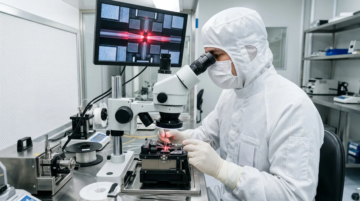 Cleanroom photonics laboratory displaying advanced multi-core optical fiber transmission systems