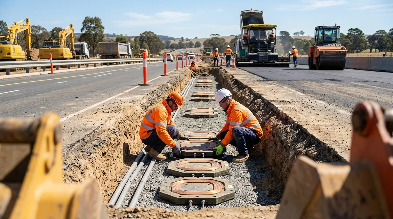 Highway construction workers installing magnetic wireless power transfer coils into an asphalt roadbed