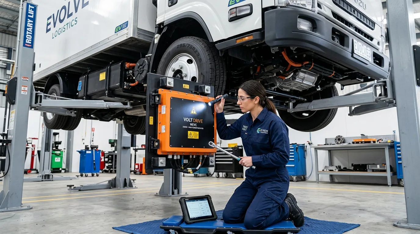 Automotive service engineer checking a flat magnetic receiver unit mounted beneath an electric truck chassis