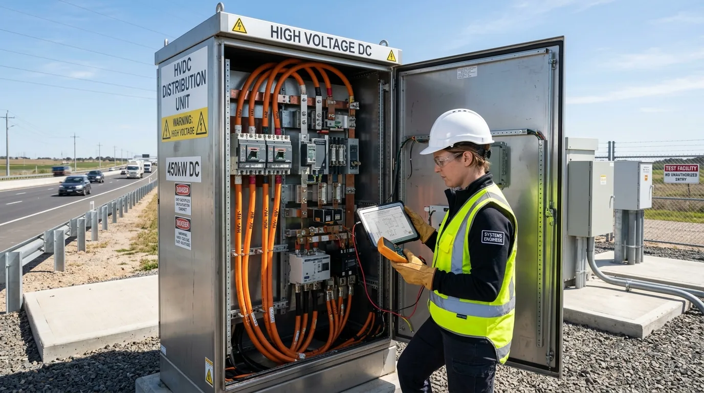 Electrical engineer inspecting a high-voltage direct current power supply cabinet at a roadway testing facility