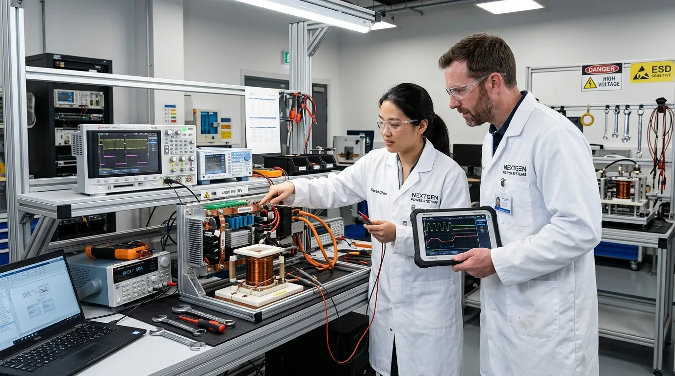Automotive research engineers examining power electronics inverters and magnetic coils on a diagnostic workbench