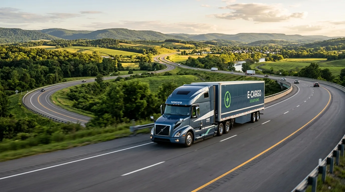 Electric heavy-duty freight truck driving along a scenic highway corridor under afternoon sunlight