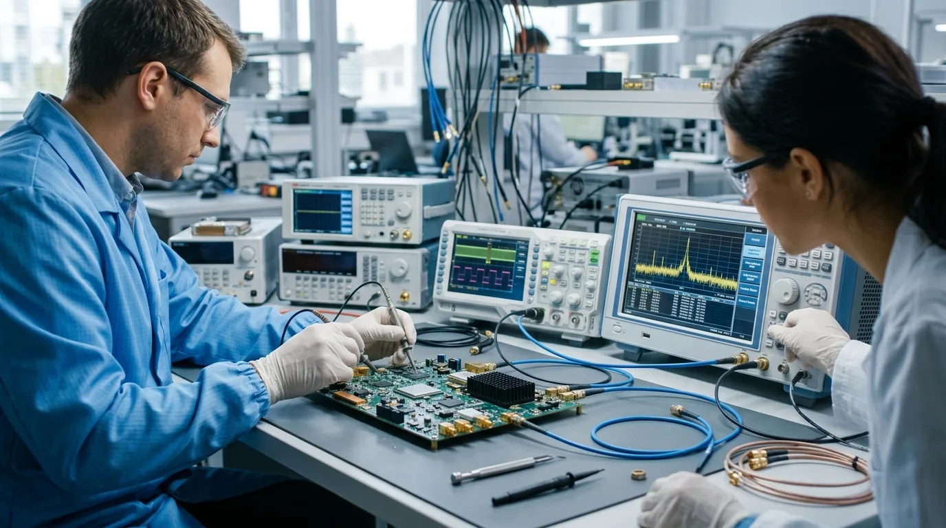 Telecommunications radio frequency engineers testing digital signal modulation on an advanced spectrum analyzer test bench