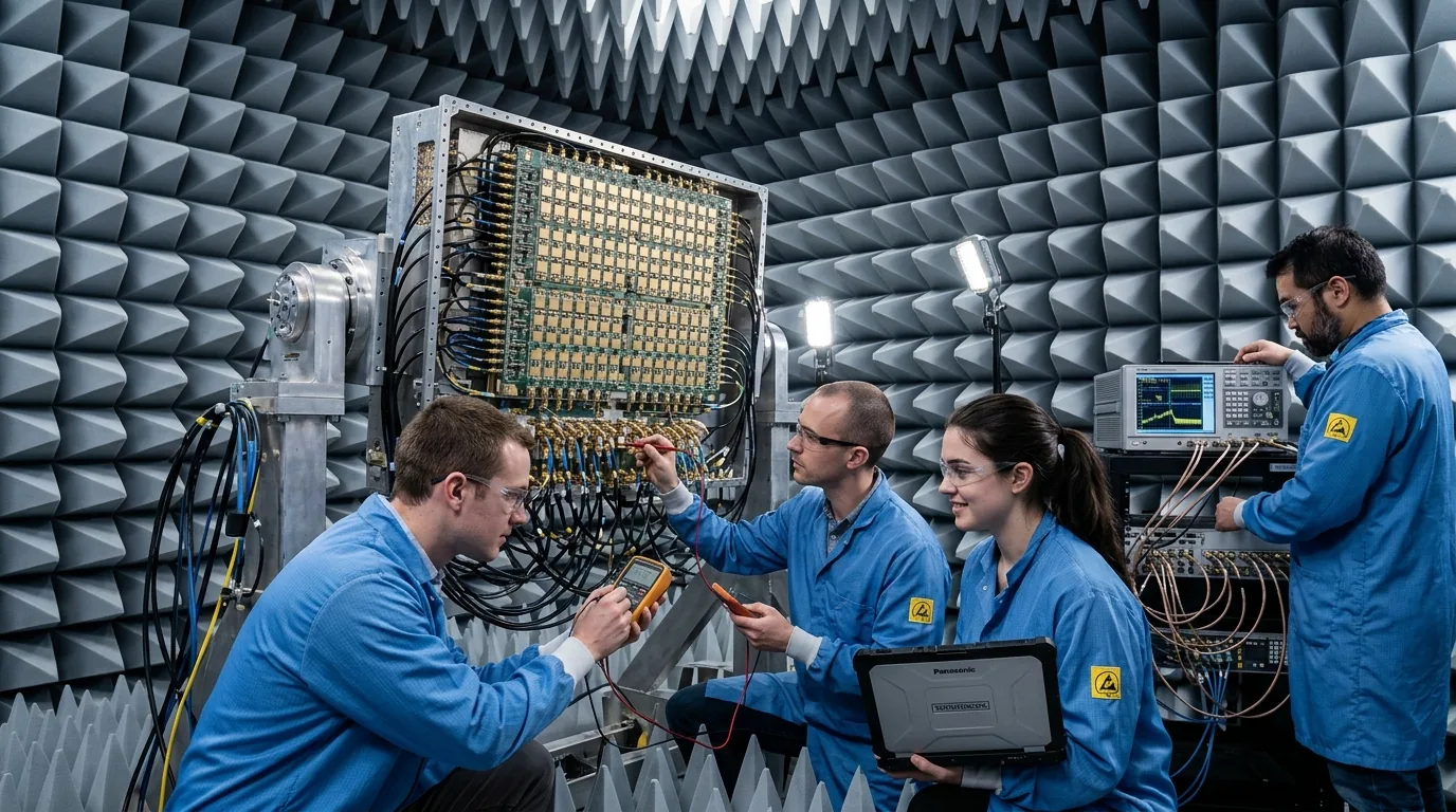Hardware researchers inspecting a dense fifth-generation massive MIMO antenna panel in an acoustic and electromagnetic testing facility