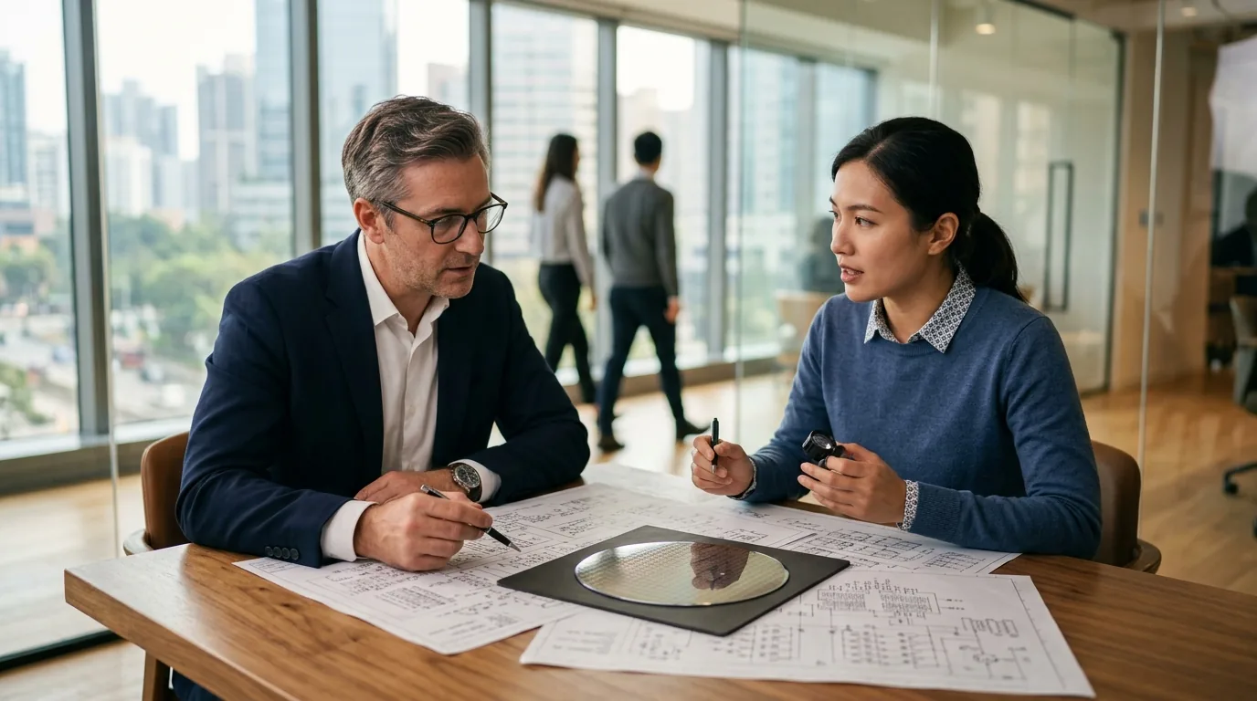 Intellectual property attorney and semiconductor hardware architect examining silicon wafer macro-photography across a conference table